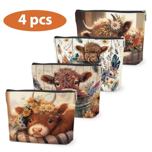 4 PCs Highland Cow Makeup Bag Cow Print Stuff Highland Cow Gifts Cosmetic Bag, Western Gifts for Women Scottish Girls Best Friends Coworkers, Cute Cow Stuff Christmas birthday Gifts Zipper Pouch - color: highland cow makeup bag