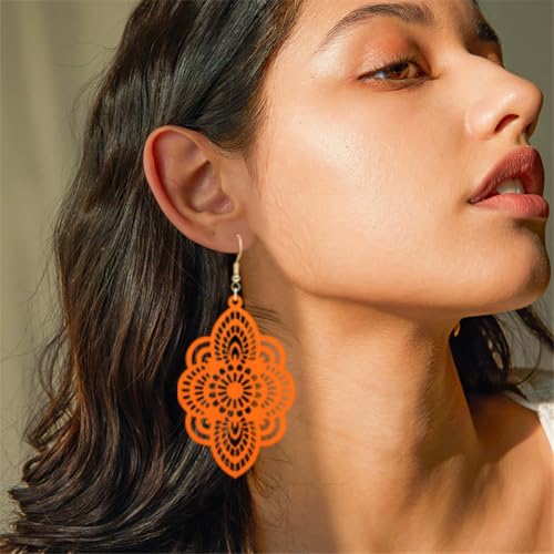 Bohemian Wood Earrings Natural Retro Lightweight Hollow Pattern Geometric Wooden Dangle Drop Earrings Statement Vintage Jewelry - color: Orange