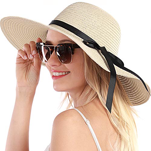 Double Couple Womens Straw Hat Wide Brim Floppy Beach Sun Hat for Women UPF 50+ Adjustable Strap Vacation - color: Bowknot&light Khaki