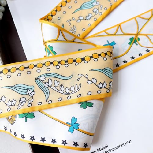 JERLA 100% Mulberry silk Scarf bag scarf Head Hair Ribbon Handbag Handle wrap Tie Bundle Neckerchief Scarf for women - color: Bellwort Yellow and White
