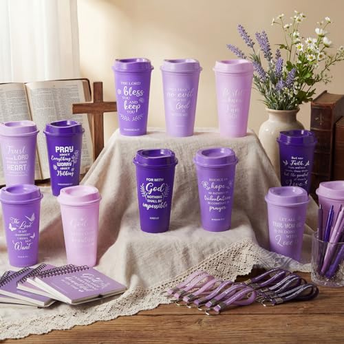 Skylety 12 Set/ 48 Pcs Christian Gifts for Women Men Religious Gift Set 16 oz Bible Scripture Cups with Lids Mini Spiral Notebooks Pens Keychains for Mother Father Birthday(Purple Gradient) - color: Purple Gradient