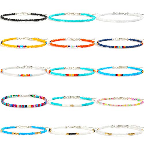 XIJIN 8Pcs Handmade Beaded Anklets for Women Boho Colorful Beads Ankle Bracelets Adjustable Foot Anklet Set - color: F