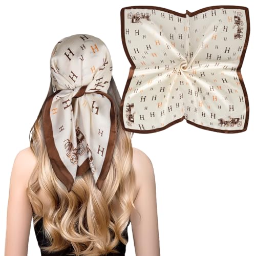 Relang Fashion Silk Satin Head Scarf for Women Hair Bandana Hair Scarf Wrap Neck Scarf for Women 27.5×27.5 inches - color: Brown&white