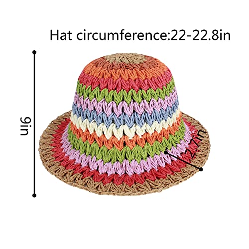 Women Straw Sun Hat Floral Woven Crochet Bucket Hat Y2k Aesthetic Accessories Beach Hat Hand Woven Boho Foldable Cap - color: Striped a