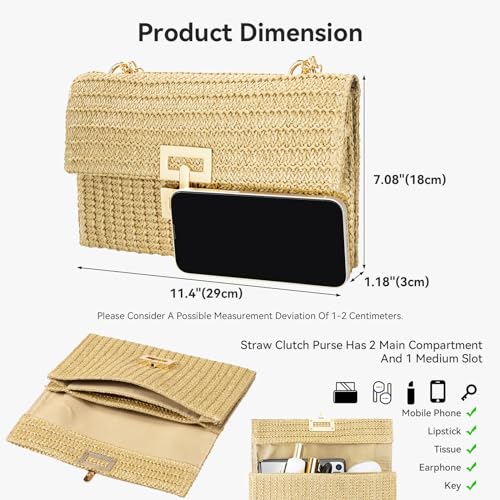 Gets Straw Clutch Purse for Women, Woven Beach Bag Summer Corssbody Purse Small Rattan Shoulder Bag for Travel | Hand-woven - color: Apricot