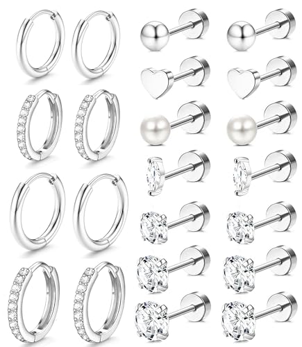 Incaton Hypoallergenic Flat Back Earrings for Women Silver 14K Gold Plated Surgical Stainless Steel Stud Earrings Cubic Zirconia Cartilage Studs Earrings For Multiple Piercing Sensitive Ears - color: F-Silver