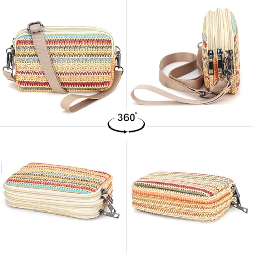 Small Wristlet Wallet for Women, 3-Zip Crossbody Phone Purse - color: Sunset Stripe/Pp Straw