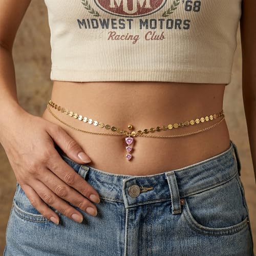 Pink Heart Belly Button Ring with Waist Chain for Women, Gold Triple Cubic Zirconia Dangle Navel Piercing, Adjustable Body Jewelry for Summer Beach Bikini - color: Chain-Style B