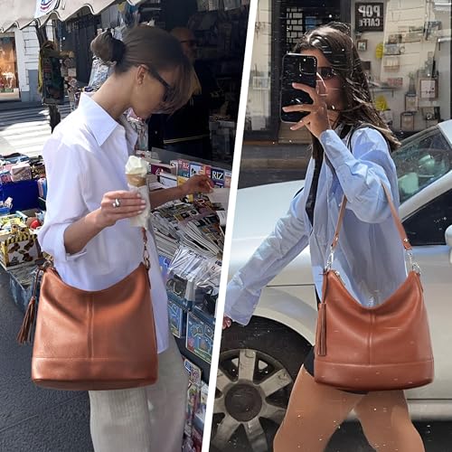Genuine Leather Hobo Crossbody Bag for Women, Soft Real Leather Bucket, Shoulder Handbag Purse with 2 Removable Strap - color: Dark Brown