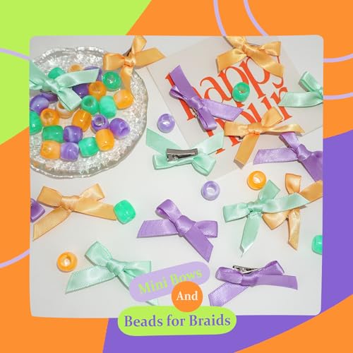 45PCS Mardi Gras Hair Beads for Braids Green Purple Small Hair Bow Clips Cute Loc Hair Accessories Silicone Beads and Bows for Girls Kids - color: Green