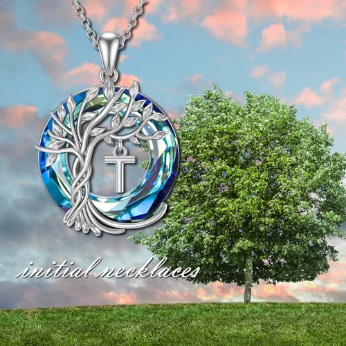 TOUPOP Gifts for Women Tree of Life Initial Necklace 925 Sterling Silver Letter Pendant with Blue Crystal Birthday Jewelry Gifts for Women Her Mom Wife Daughter - color: Tree of Life T Initial