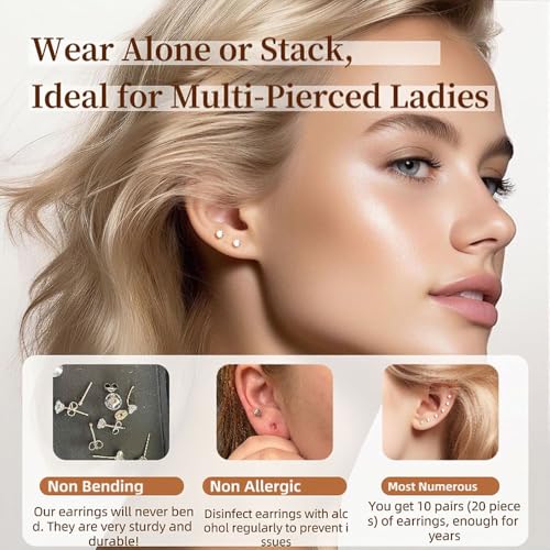 10 Pairs Small Stud Earrings for Women Precision-Cut Cubic Zirconia Earrings for Sensitive Ears Hypoallergenic Surgical Stainless Steel Tiny Stack Earrings for Multiple Piercing - color: 3mm-10 Pairs