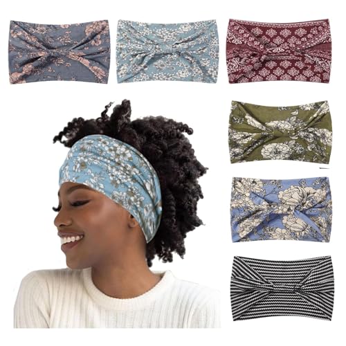 Artilady Wide Bandana Headbands for Women-Boho Bandeau Head Band Bohemian Paisley Red Headwrap Soft Athletic Elastic Sweat Non Slip Hair Bands for Curly Hair Accessories 6 PCS - color: Flower