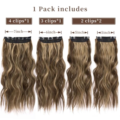 4PCS Clip in Hair Extensions Honey Blonde Mixed Light Brown 20 Inch Long Wavy Synthetic Hair Extensions (4pcs, 20Inch, 22H10#) - color: 22H10-Honey Blonde Mixed Light Brown