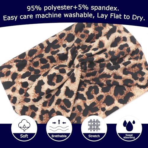 AQOKKA Extra Wide Headbands for Women Large Turban Headband Non Slip Boho Elastic Hairband Hair Twisted Knot Head Bands Accessories - color: 4 Pcs: Yellow Leopard, Dark Grey, Green, Black