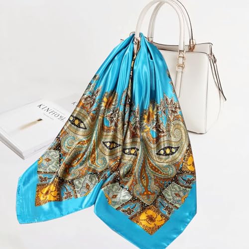 Large Square Head Satin Scarf Silk Feeling Hair Scarf 35"Head Scarves Bandana for Women Headscarfs for Women's Hair - color: C1-blue