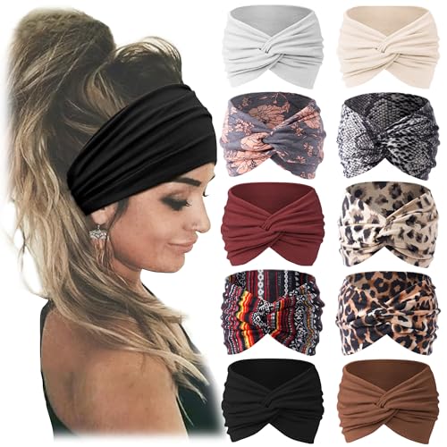Jesries 10 PCS Women Headbands African Wide Hair Wrap Extra Turban Head Bands for Lady Large Sport Workout Stretch Non-slip Big Hair Bands - color: Blue