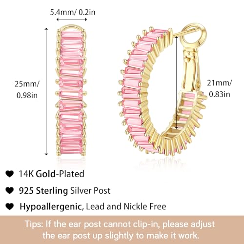 Trendy 14K Gold Plated Hoop Earrings for Women, Chunky Gold/Silver Earrings for Women Cubic Zirconia Baguette Hoop Earrings Heart Hoops Lightweight Hypoallergenic Jewelry,25mm/35mm/40mm/50mm - color: 01 Gold Pink Hoops 25mm