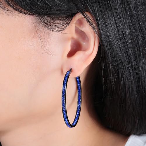 CiNily Mult-colors Crystal Stainless Steel Hoop Earring for Women Hypoallergenic Jewelry for Sensitive Ears Large Big Hoop Earrings 2" - color: Black Gold-Dark Blue