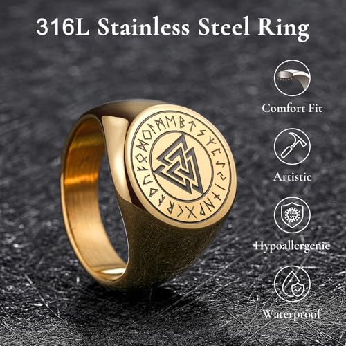 King Will Men's Tungsten Signet Rings Thumb Pinky Biker Band Ring For Men High Polished Plain Wedding Statement Ring Comfort Fit Size 7-12 - color: Runes-Gold