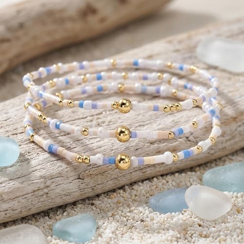 Dainty Gold Plated Tiny Ball Colorful Beaded Stack Bracelets Sets for Women,3Pcs Stackable Cute Bracelet Stretch Trendy Ball Jewelry Friendship Gift - color: lake-blue