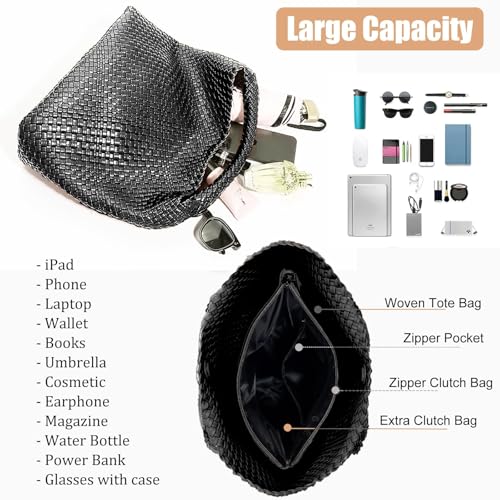 Geelyda Woven Tote Bag for Women with Purse, Fashion Shoulder Hobo Underarm Bags, Large Woven Handmade Work Commuter Day Bags - color: Black