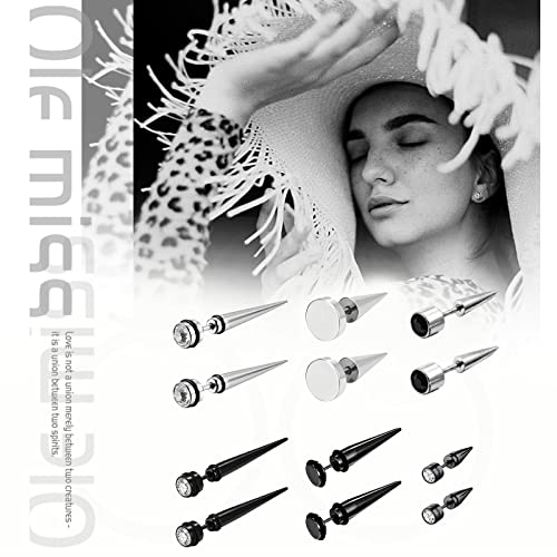 Aroncent 12PCS Stainless Steel Fake Tapers Mens Earrings Illusion Tunnel Cheater Piercing Jewelry Set for Men Women - color: Spike