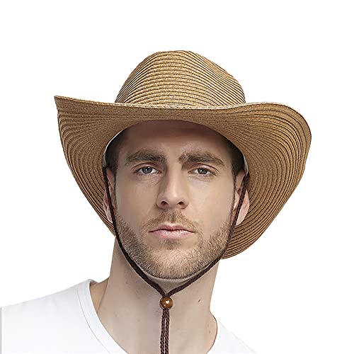 Wide Brim Straw Cowboy Hat for Men Women Western Cowgirl Sun Hat Packable UPF 50+ Beach Cap Shapeable Fedora Panama Cap - color: Khaki