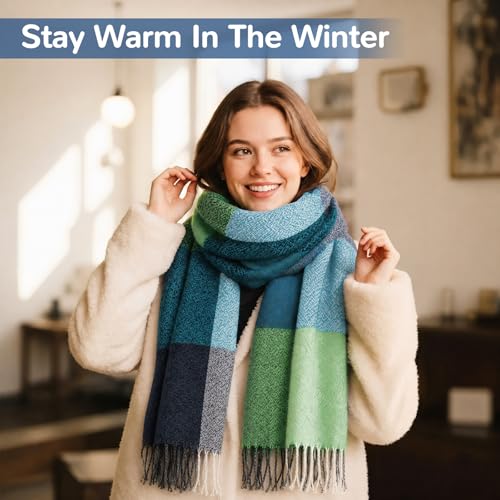 Loritta Womens Scarf Fashion Long Plaid Shawls Wraps Big Grid Winter Warm Lattice Large Scarves Gifts - color: J-green Water Blue Plaid
