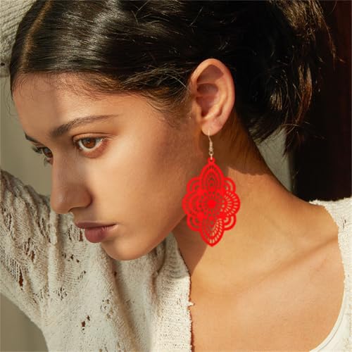 Bohemian Wood Earrings Natural Retro Lightweight Hollow Pattern Geometric Wooden Dangle Drop Earrings Statement Vintage Jewelry - color: Red