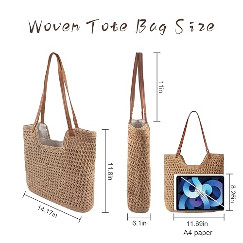 Crochet Beach Bag, Woven Tote Bag, Boho Bags for Women,Summer Purse with Zipper & Pocket - color: Khaki