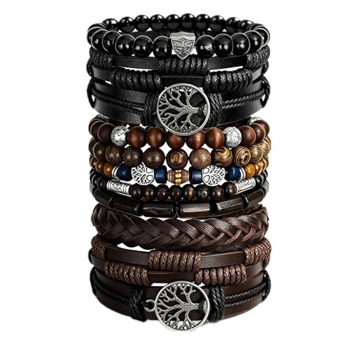 Punk Braided Leather Bracelets for Men Women Gothic Wood Beaded Tribal Wrap Wristband Grunge Emo Multilayer Adjustable Mens Bracelet in Black Brown Fathers Day Gift - color: Tree