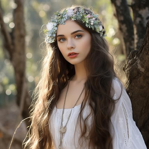 Vivivalue Boho Flower Headband Women Flower Crown Hair Wreath Floral Headpiece Halo with Ribbon Wedding Party White - color: 33
