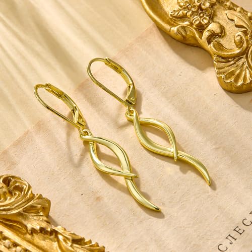 ALEXCRAFT Twisted Silver Dangle Earrings, Hypoallergenic Elegant Lightweight 14k Gold Plated Long Brushed Twisted Tassel Dangling Drop Leverback Earrings for Women Trendy Statement Jewelry in Box - color: Gold