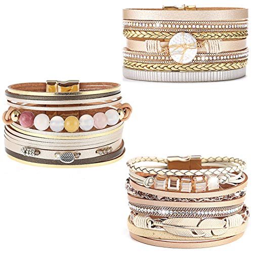 Wowanoo 3Pack Leather Cuff Bracelet Set Multilayer Wrap Bracelet Crystal Feather Tree Bracelet Magnetic Clasp Bracelet for Women - color: Beaded