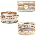 Wowanoo 3Pack Leather Cuff Bracelet Set Multilayer Wrap Bracelet Crystal Feather Tree Bracelet Magnetic Clasp Bracelet for Women - color: Beaded