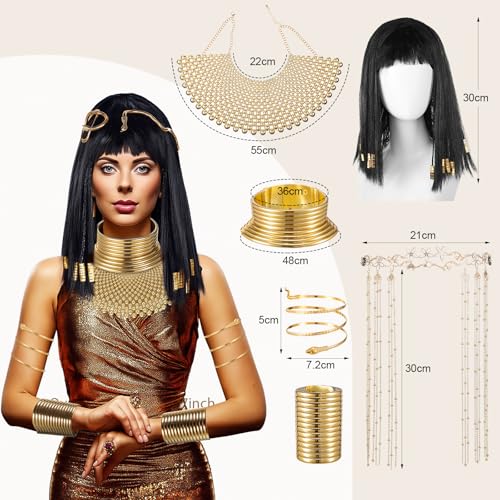 Yunlly 6 Pcs Egyptian Queen Costume Set for Women Black Braided Wig Gold Snake Headpiece Bib Necklace Choker Set Face Veil Arm Cuffs for Halloween