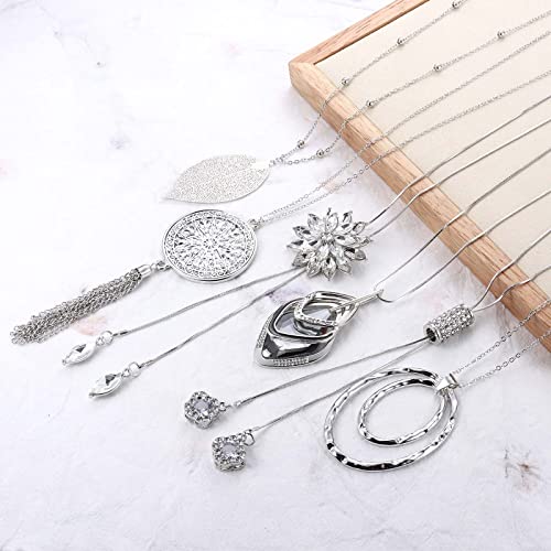 Jstyle 6Pcs Long Pendant Necklaces for Women Long Sweater Necklaces Silver Flower Tassel Disk Circle Leaf Statement Sweater Chain Necklace for Women Y Necklace Set Fashion Jewelry - style: Elegant Style