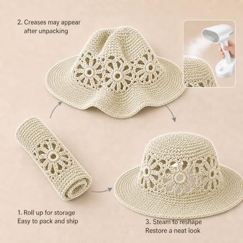 Handmade Women's Crochet Straw Bucket Hat Packable Daisy Beach Cap | Adjustable Inner Drawstring, Airy Lightweight Paper Fiber, Face Shade, Easy Storage, Feminine Openwork Floral Style - color: Beige