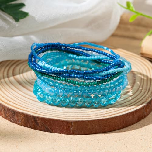 Caiyao Bohemian Multilayer Stackable Seed Beaded Bracelets Colorful Crystal Glass Beads Strand Bangle Bracelet BFF Wristbands Bracelet for Women Summer Beach Hawaii Jewelry Birthday Gifts - color: Blue 2