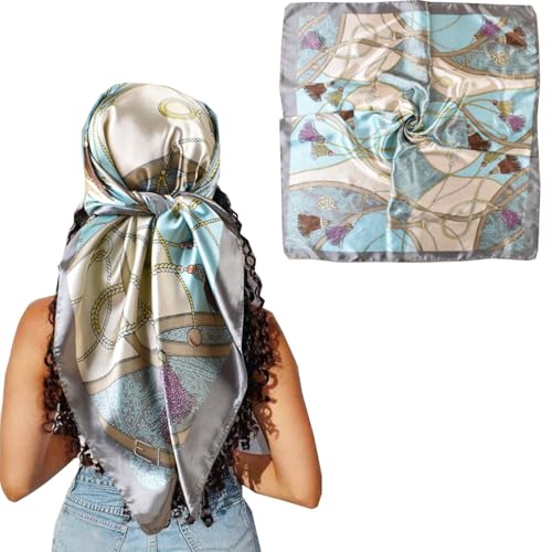 Hexchasty 35”Head Scarf Satin Silk Like Hair Scarf Large Square Head Scarves Bandana Head Wraps Headscarfs for Women Green - color: C-light Blue