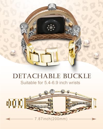 Compatible with Apple Watch Band 40mm for Women, Boho Bracelet for Apple Watch 38mm 41mm, Multilayer Leather Wrap Braided Strap for iWatch Series 11/10(42mm)/9/8/7/6/5/4/3/2/1/SE Gold - color: A-Gold, size: 42(series 11/10)/41/40/38mm