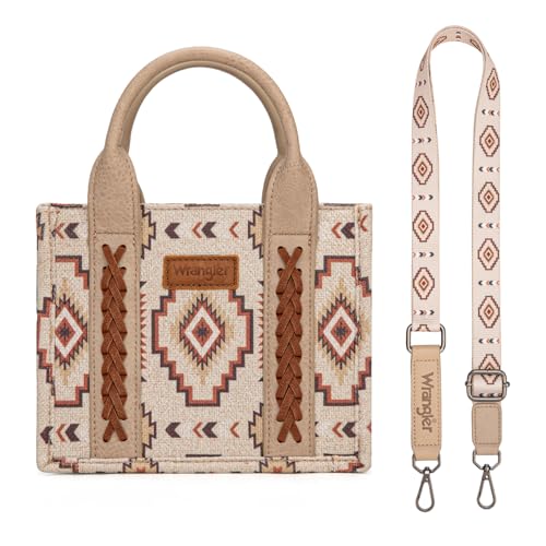 Wrangler Mini Aztec Tote Bag for Women Boho Small Top Handle Purse with Adjustable Strap - color: Boho Tan