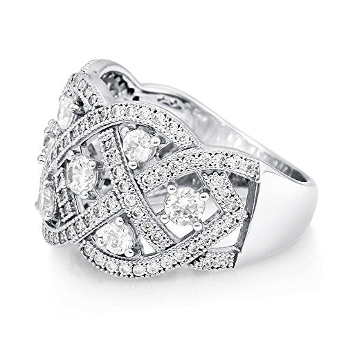 BERRICLE Sterling Silver Woven Art Deco Statement Cocktail Ring for Women, Cubic Zirconia CZ