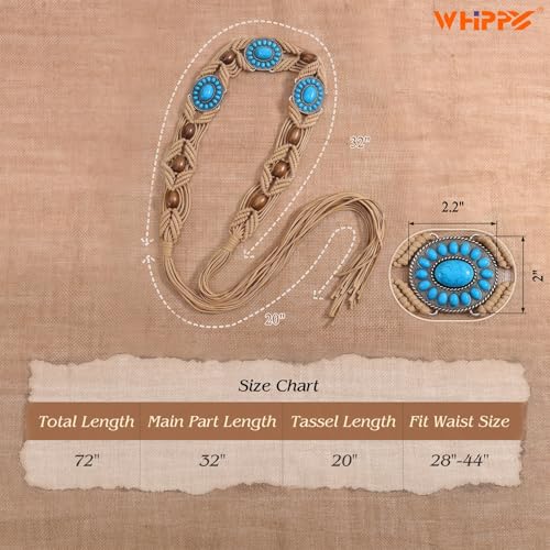 WHIPPY Boho Turquoise Belt for Women Wax Rope Braided Waist Belt Western Hand-Woven Bead Tassel Belts for Dress, 2” Wide - color: Khaki