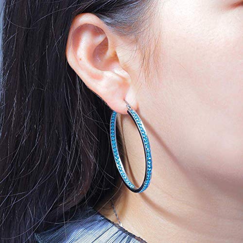 CiNily Mult-colors Crystal Stainless Steel Hoop Earring for Women Hypoallergenic Jewelry for Sensitive Ears Large Big Hoop Earrings 2" - color: Blue