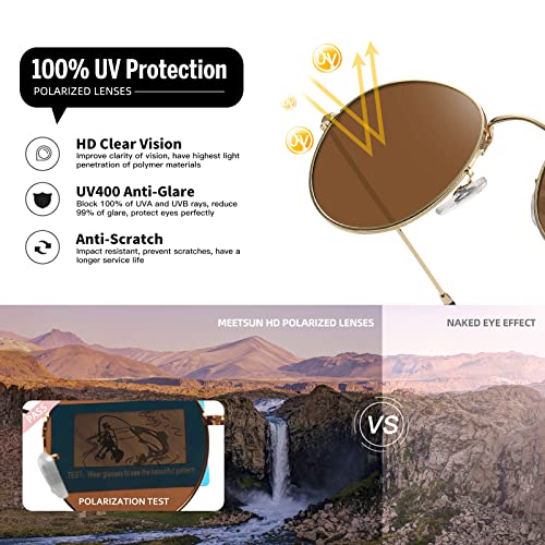 MEETSUN Round Polarized Sunglasses for Women Men Classic Retro Metal Frame Sun Glasses UV Protection - color: (2 Pack) Gold/Grey + Gold/Brown