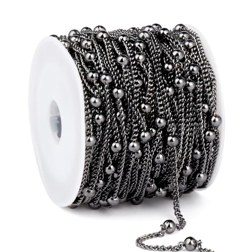 33 Feet Gunmetal Satellite Bead Chains, 2mm 304 Stainless Steel Black Ball Beaded Twisted Curb Chains Spool Bulk for Jewelry Making DIY Craft - color: Black Big Beads Satellite Curb Chain