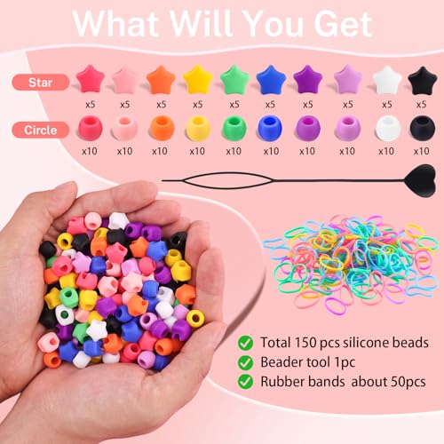 150Pcs Silicone Hair Beads for Braids, 5mm hole Mixed Shape Soft Pony Beads Bulk, Multi-color Hair Jewerly Accessories Kit with 60 Elastic Bands and 1 Beader for Braiding,DIY Bracelets and Crafts - color: Multi Shape C-Multicolor-150pcs