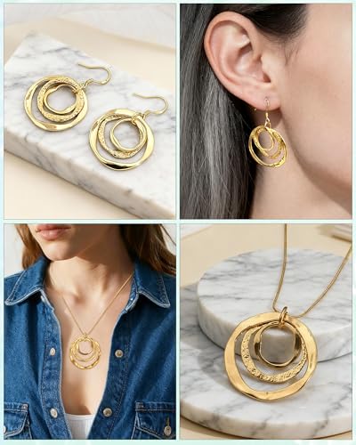 Hypoallergenic Silver Circle & Dangle Earrings and Necklace Set for Women Geometric Boho Style Hoop Jewelry for Women-Lightweight & Dangling-Gift for Bohemian Fashionistas - color: Gold